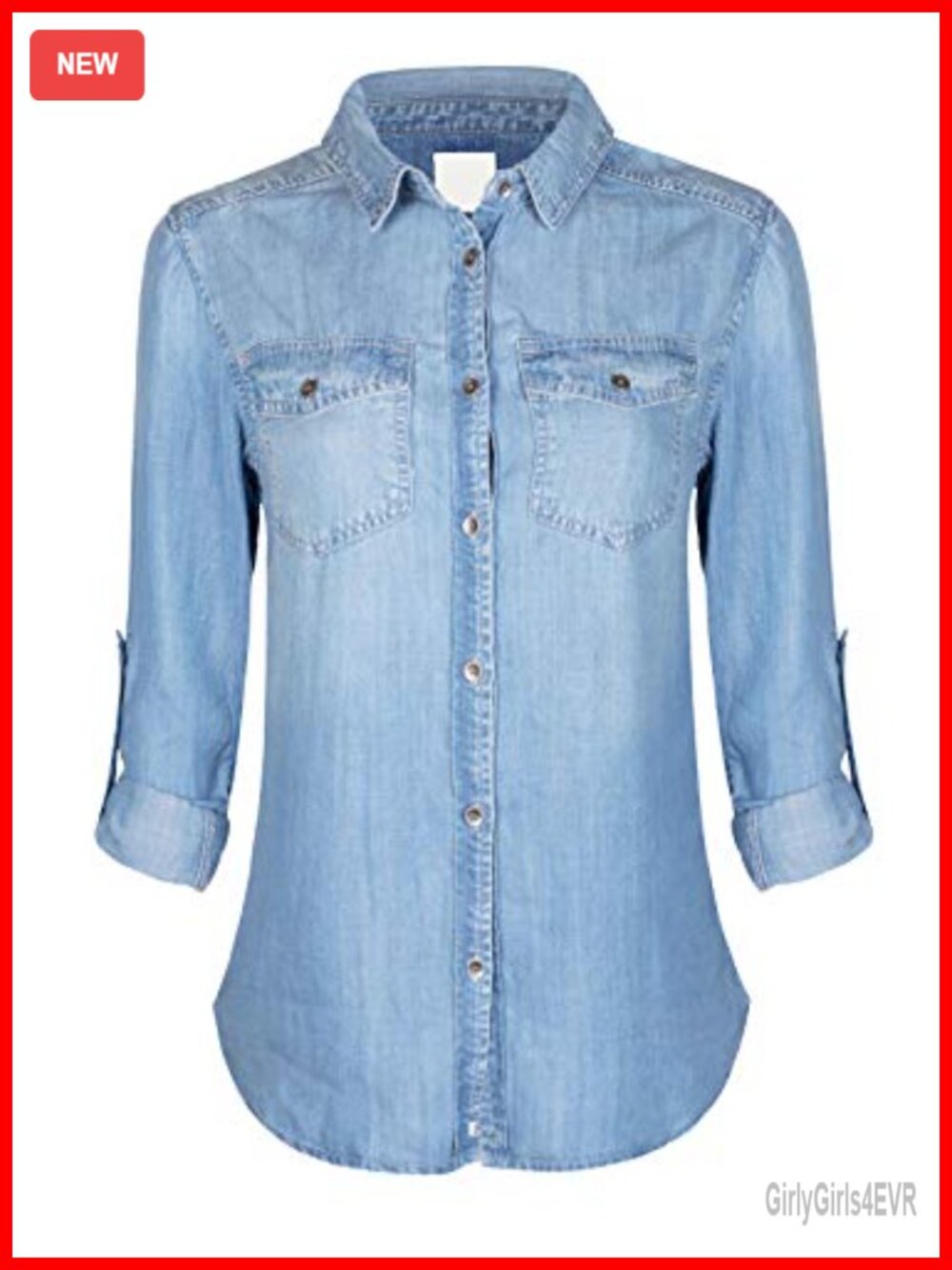 Tencel Denim Chambray Button Up Shirt Roll Up Sleeve Chest Pockets
